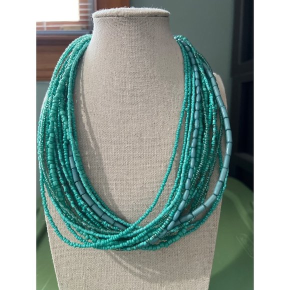 Designer Jewelry - Teal Glass Seed Bead Multi-Strand Necklace -- 18" -- NWOTS